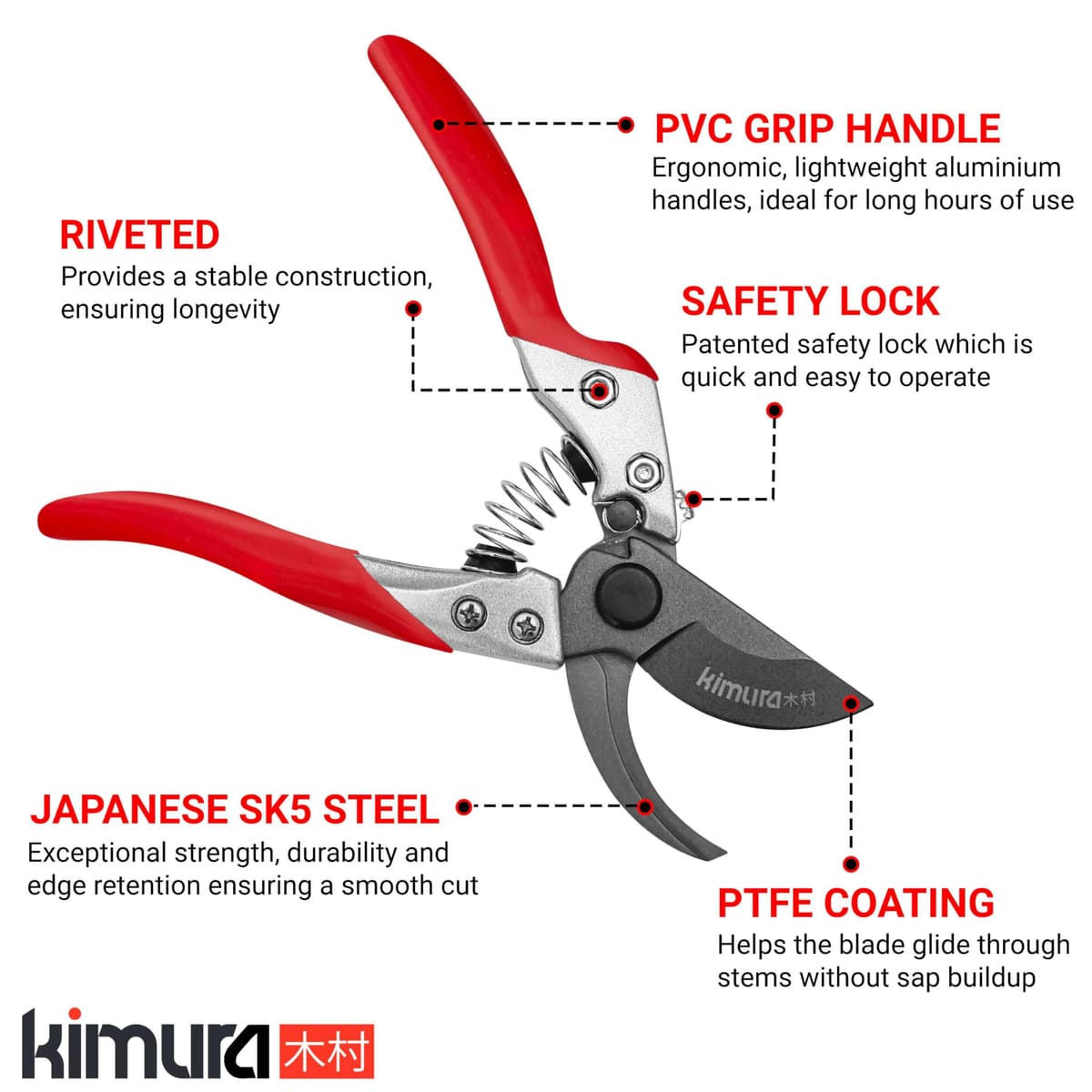 Kimura® 8" Pro Bypass Garden Secateurs, Heavy Duty Premium Japanese SK5 Steel Blades, Non-Slip PVC Coated Handles, Lightweight & Ergonomic, Japanese Bypass Pruning Shears — view 2