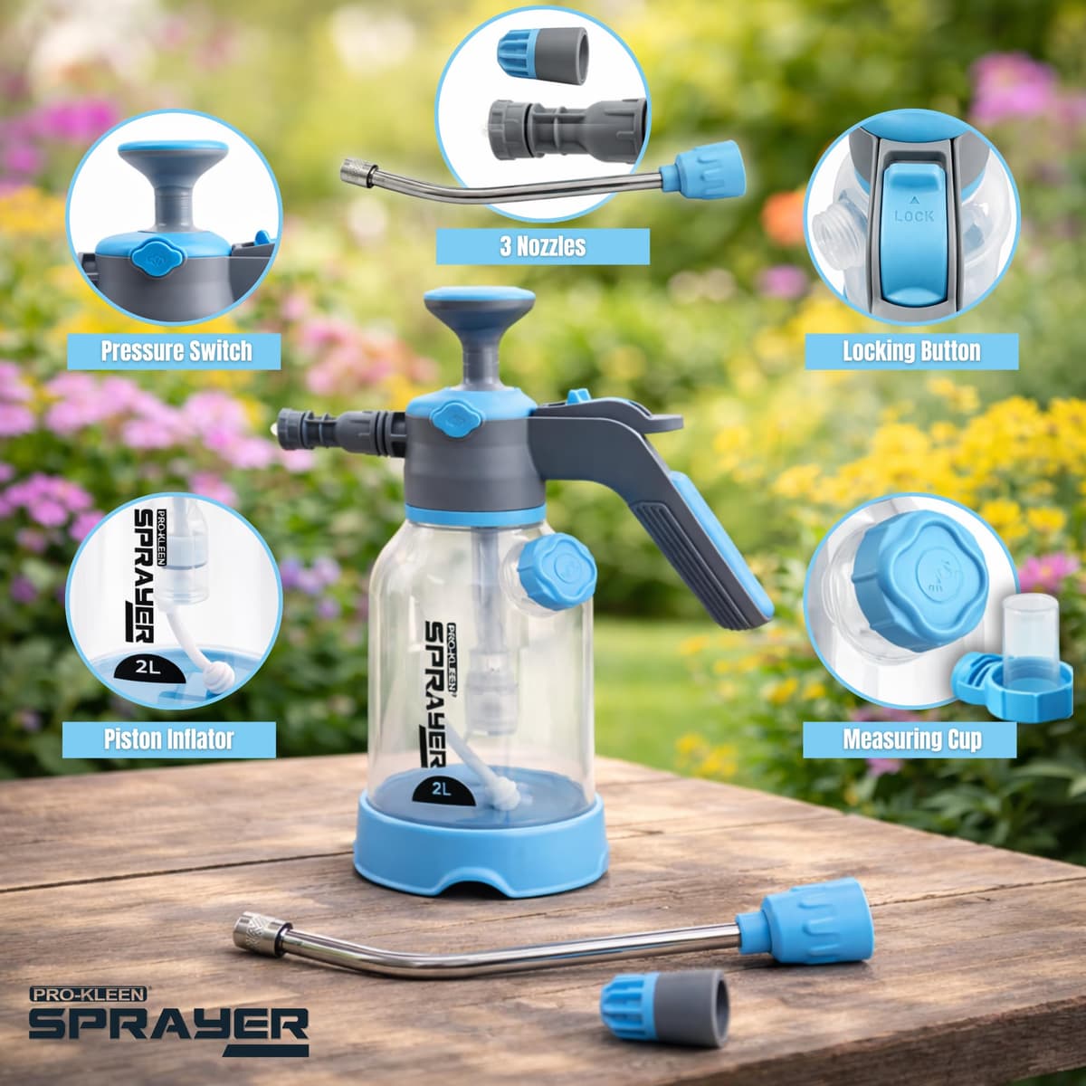 Pro-Kleen 2L Hand Pump Sprayer, Snow Foam Spray Bottle with 3 Adjustable Nozzles for Car Wash, Valeting, Garden, Plants, Patio, Home and Outdoor Cleaning — view 2