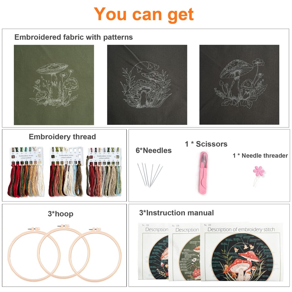 Myfelicity 3 Sets Mushroom Embroidery kit, Adult Beginner DIY Needle kit,Art Craft Handy Sewing Set — view 2