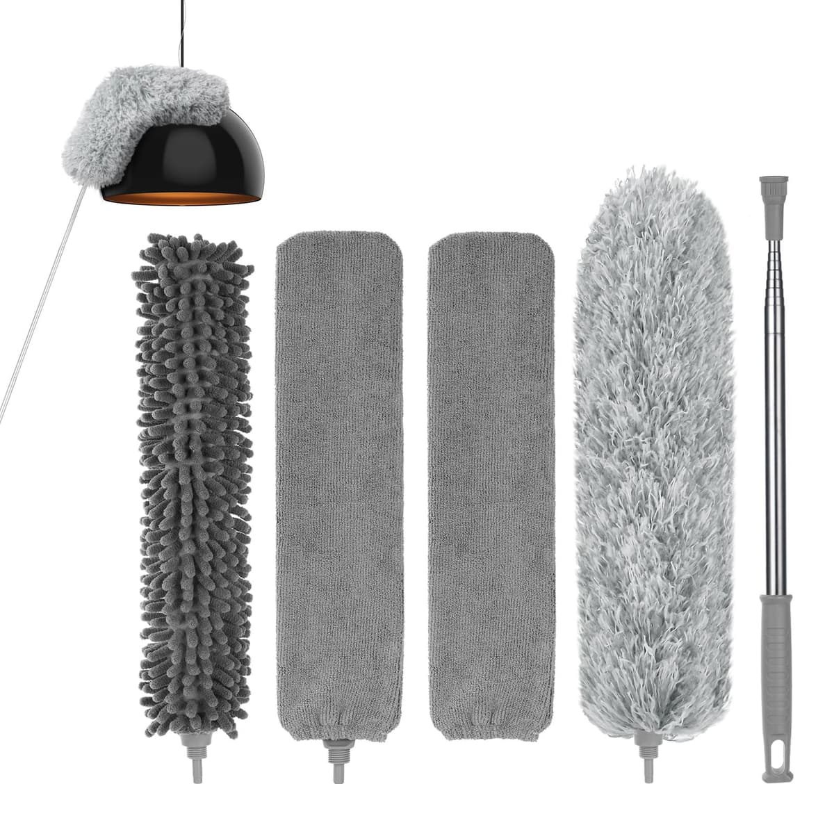 Vicloon Plumero de Limpieza, Plumero telescópico de 71cm-243cm, Microfibra, Gris, Plumero con 2 en 1 Ranuras Cepillo de Limpieza, Atrapa y Bloquea el Polvo,para Ventanas Persianas Muebles Coches — view 11