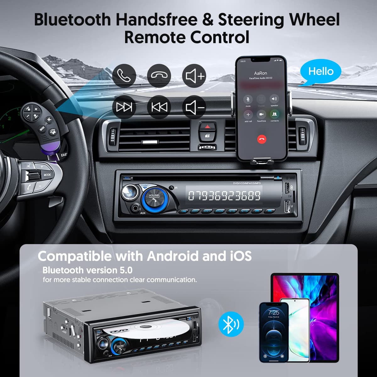RDS Car Stereo Bluetooth with CD DVD Player, Wistrue FM/AM Car Radio Bluetooth Handsfree with 2 USB/SD/AUX, Single Din Car Stereo 7 Colors MP3 Player,Fits 9-24V Vehicles — view 4