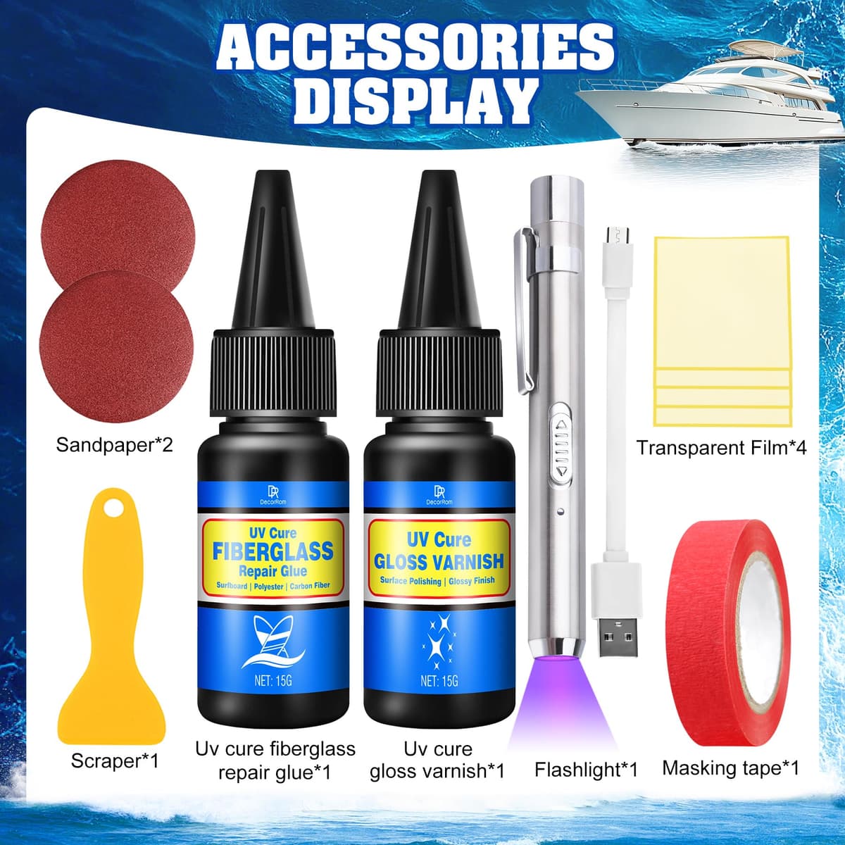 Kit de reparación de Tablas de Surf, Kit de reparación de Fibra de Vidrio Transparente con lámpara UV, Adecuado para Fibra de Carbono y Fibras de poliéster, para Reparar Grietas en Barcos, lanchas — view 2