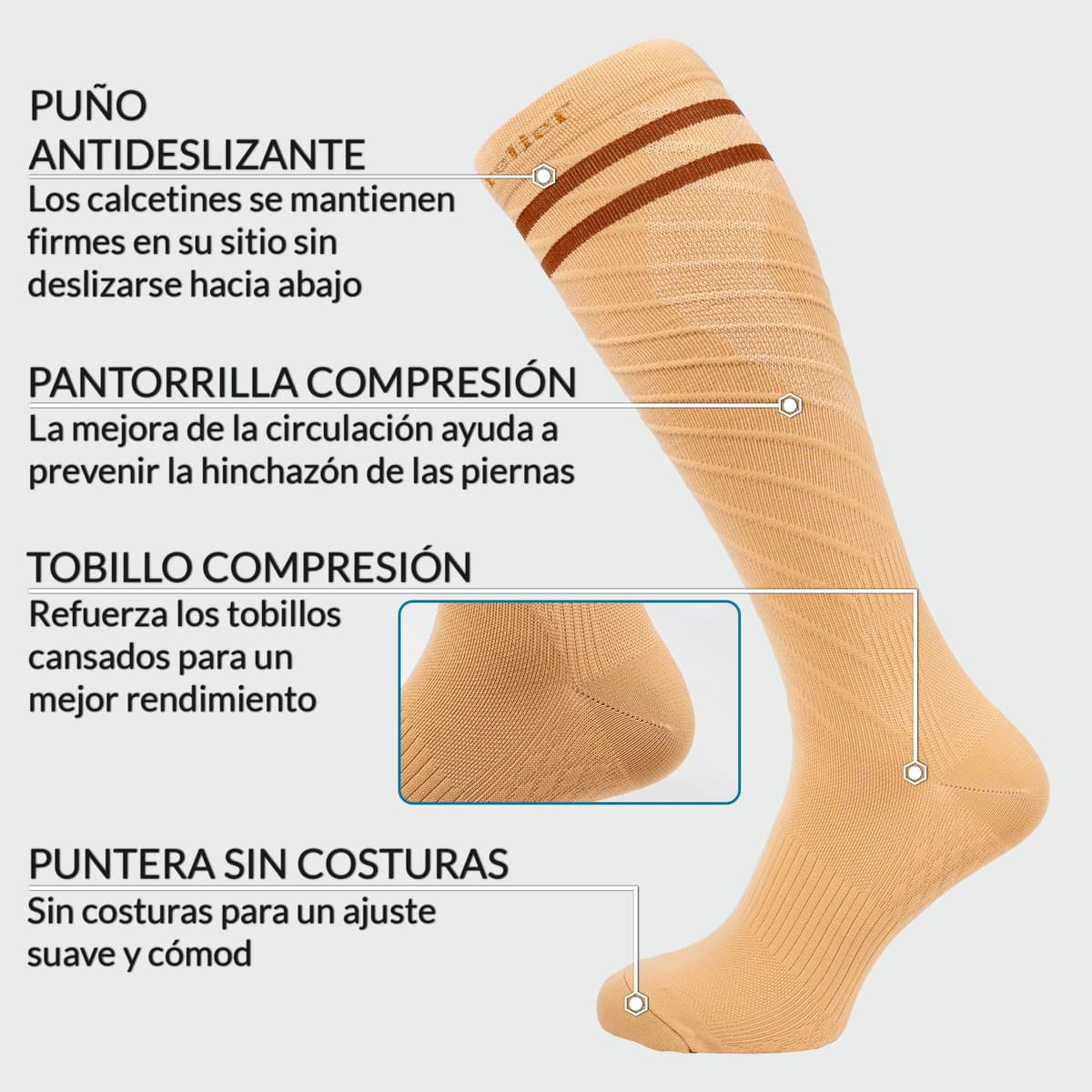 360 Relief Medias de Compresión Mujer y Hombre - 1 Par Calcetines de Compresión para Deportes, Correr, Volar, Viaje, Trabajo, Footing - S/M Beis con Bolsa de Malla — view 25