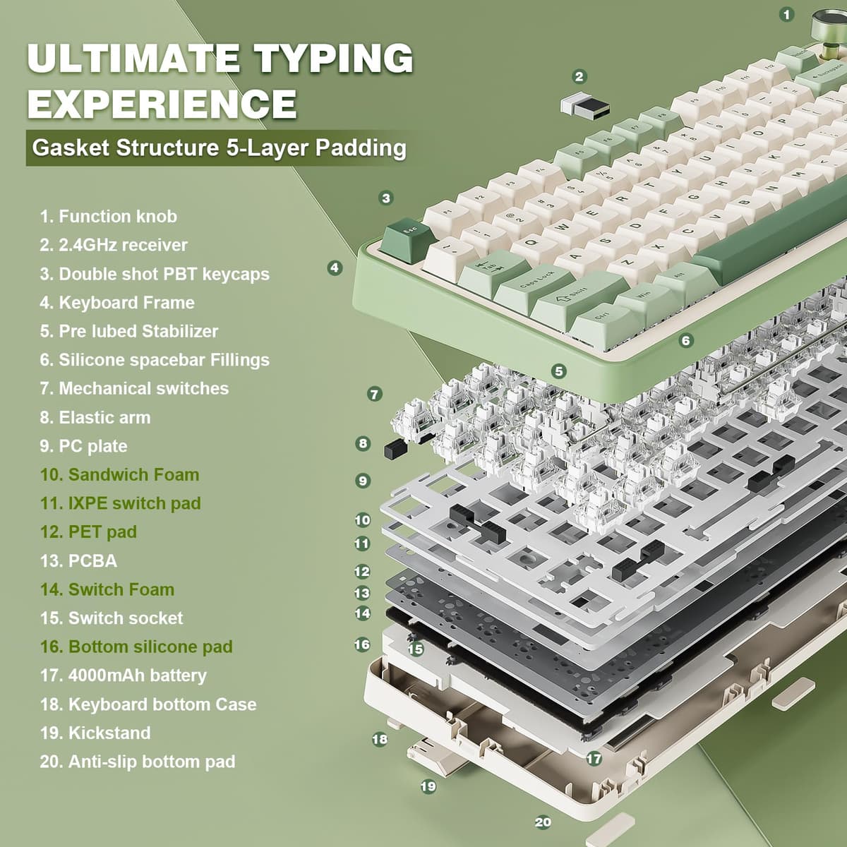 YUNZII B75 PRO Wireless Mechanical Keyboard,75% Gaming Keyboard Gasket Hot Swap Custom Keyboard with Knob,Pre-lubed Switches RGB,Bluetooth/Type-C/2.4G (Matcha Green, Milk Switch) — view 4