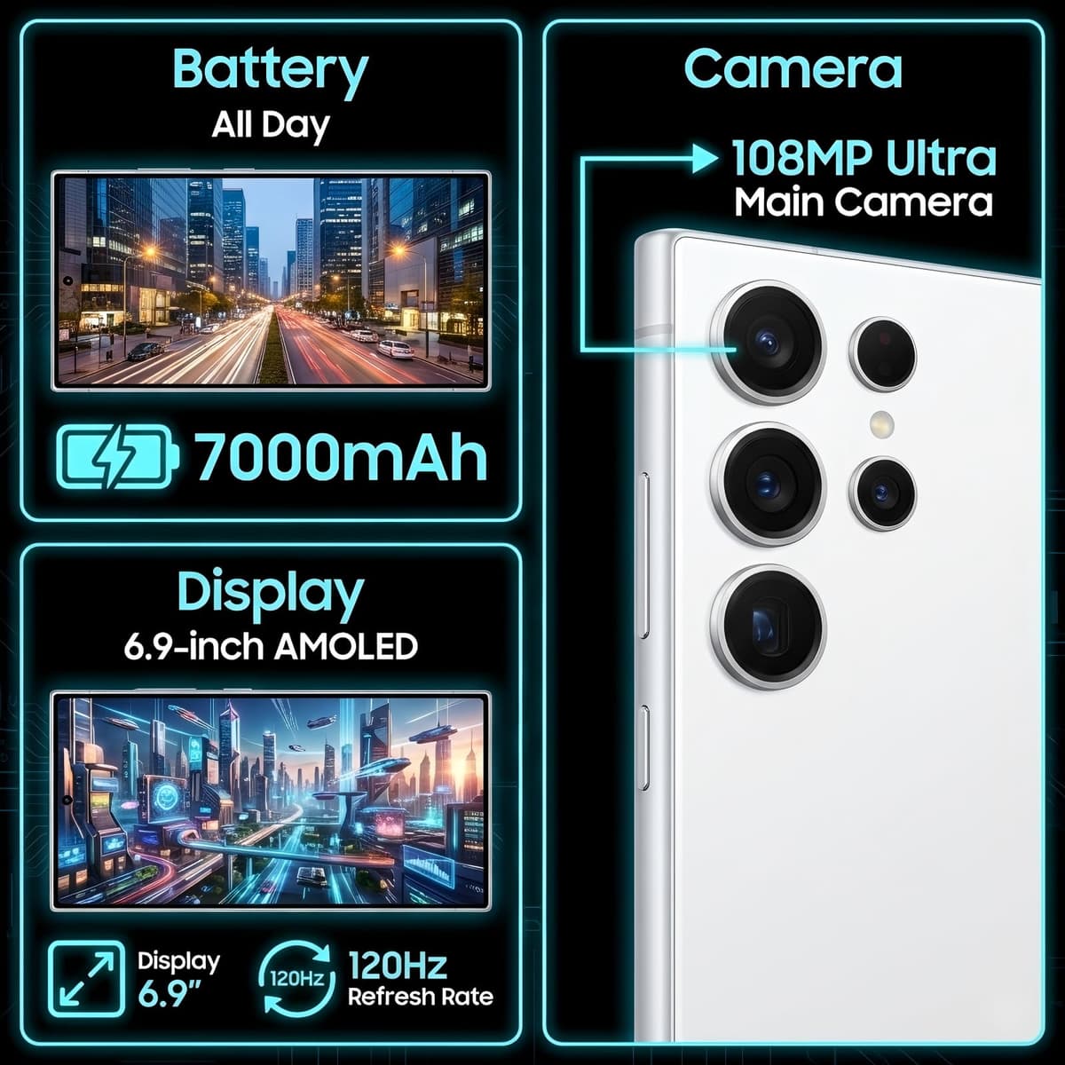 S25 Ultra 5G Unlocked Android Phones, Build in Pen, 16GB+512GB Octa Core Smartphone, Android 16 Phone, 108MP Zoom Camera, 6.9“ HD +120 Hz Screen, 7000mAh Battery, Dual SIM, Face Unlock-Silver — view 2