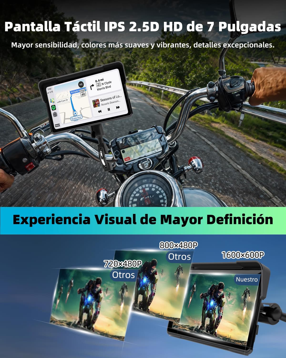 Jansite 7 Pulgadas Carplay Moto Android Auto GPS Moto Navegador con Doble Bluetooth Impermeable IP67 Tarjeta Carplay para Moto Siri/Google/Navi — view 3