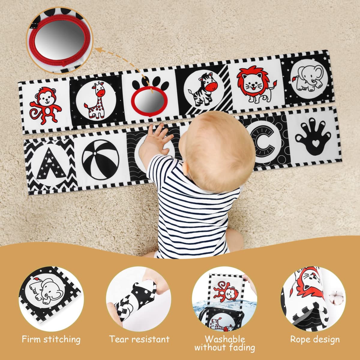 Vicloon Libros de Tela en Blanco y Negro,Animales Activity Libros Blandos con Espejo,Libros Blandos Juguetes para Bebés,Libros de Tela Suave para Bebés y Niños — view 3