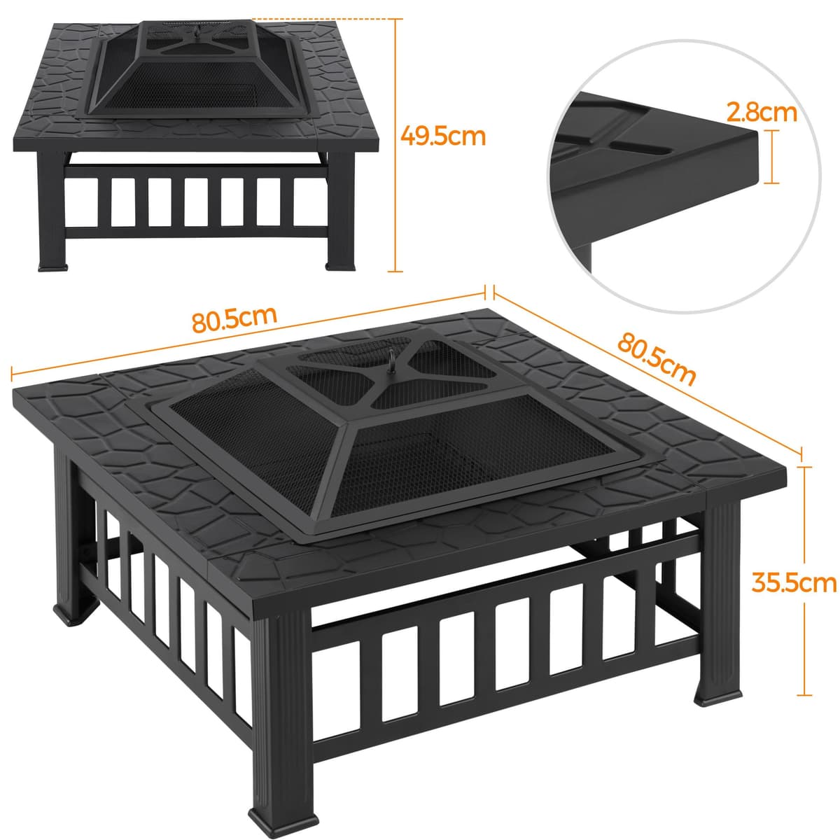 Yaheetech Outdoor Fire Pit 81cm Square Fire pits 3-in-1 Heat-resistant Metal Garden Stove for Barbecue, Heating, Cooling Drinks with Cover & Poker, Black — view 4