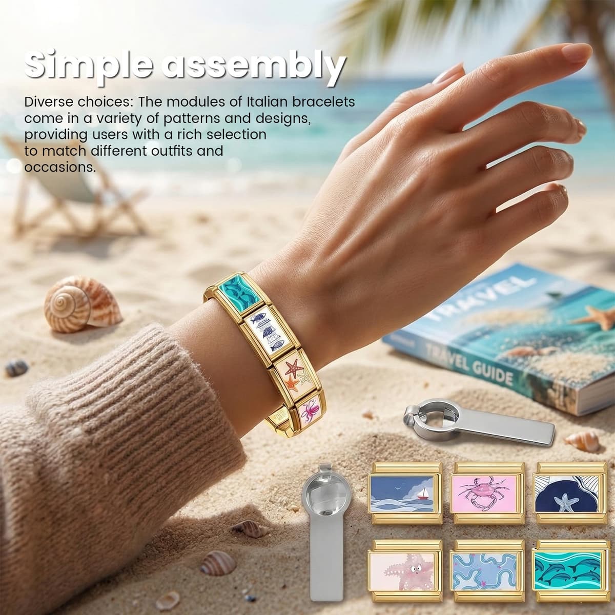 Vesavifaka Pulsera Italiana de Encantos Conjunto de Brazalete Dorado con 1 Pulsera Inicial, 10 Encantos Italianos Temáticos del Océano con Herramienta de Apertura, 9 mm Encantos Italianos Modulares, — view 3