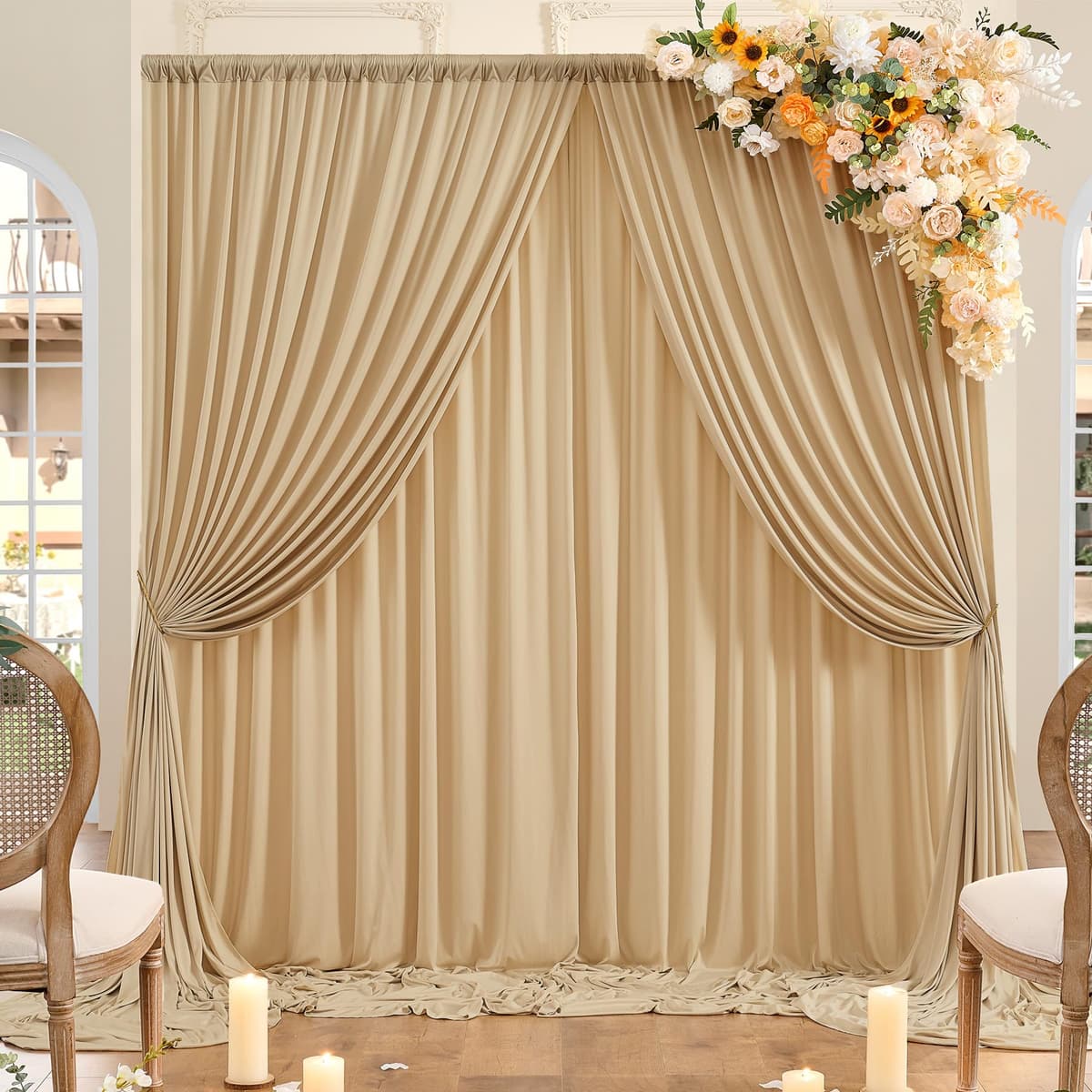 10ft x 10ft Wrinkle Free Beige Backdrop Curtains for Parties, Polyester Photo Backdrop Drapes 2 Panels 5x10ft Cloth for Wedding Birthday Party Photography Background