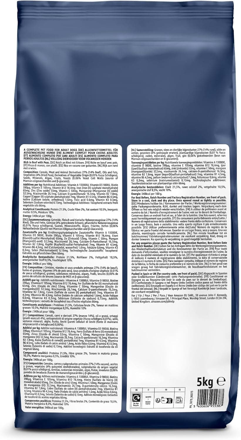 by Amazon - Complete Dry Dog Food for Adult Dogs, Rich in Beef with Peas, 1 Pack of 5kg