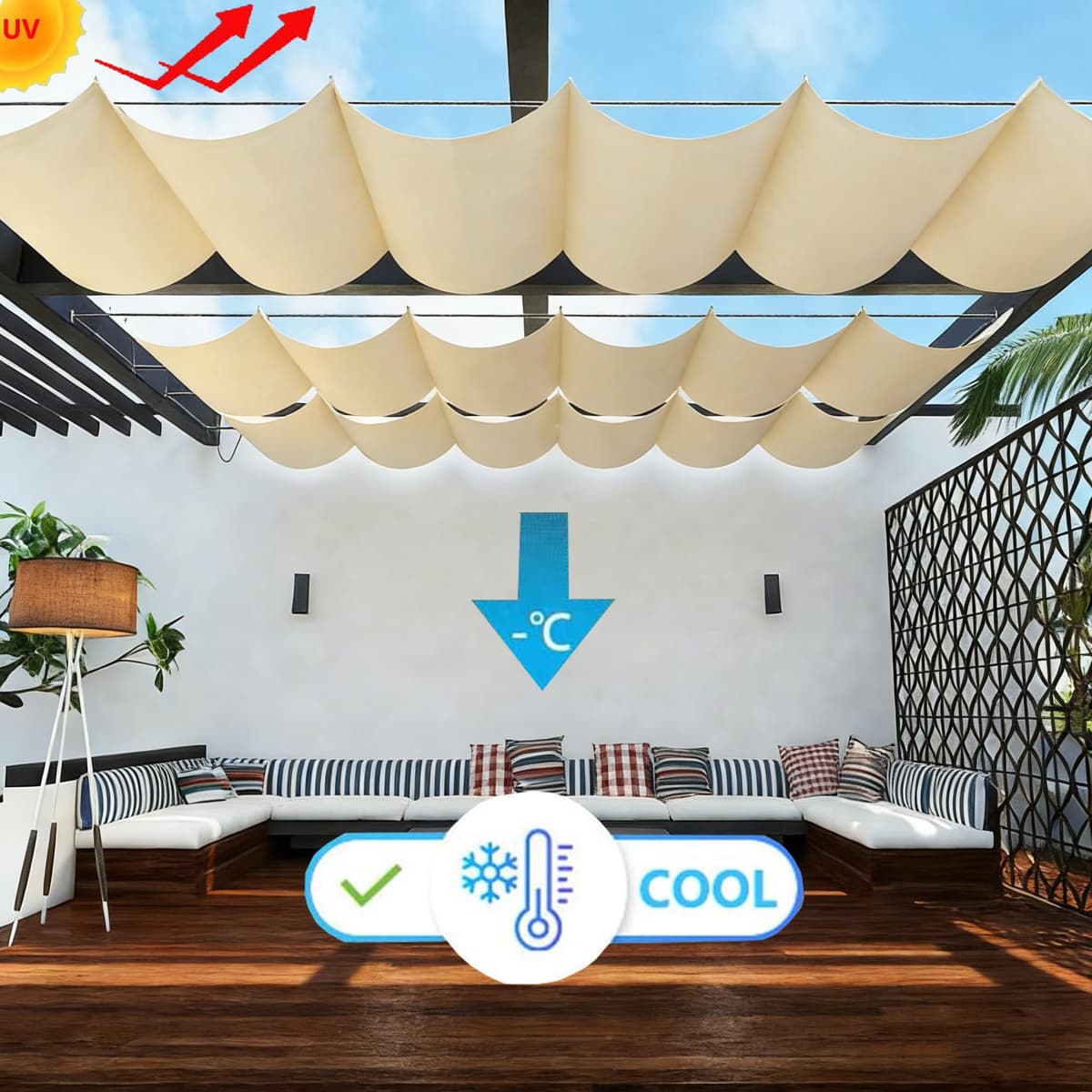 Retractable Wave Sun Shade Sail Rectangle Waterproof Sun Shade for Outdoor Garden UV Block Sunshade Cloth Canopy with Rope for Yard Deck Lawn Garden Patio Carport 0.9x3.5M Cream — view 2