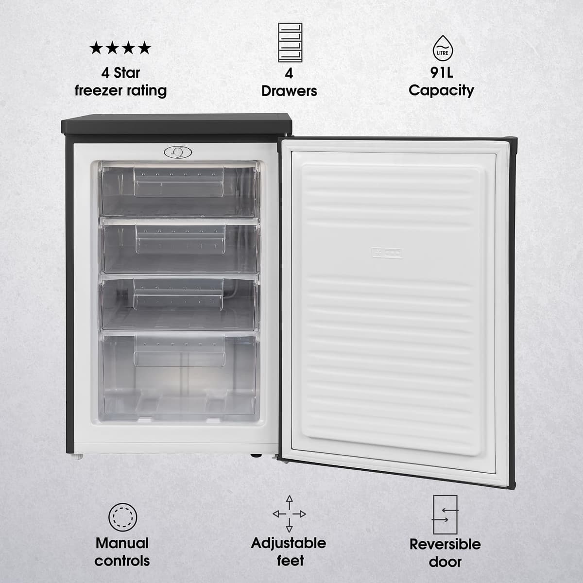Abode Under Counter Freezer 55cm Wide Freestanding Black 91 Litre with 4 Drawers, Adjustable Feet & Reversible Door, 4 Star Freezer, Suitable for Garages & Outbuildings A85UCFZ552E1B (Black, 55 cm) — view 3