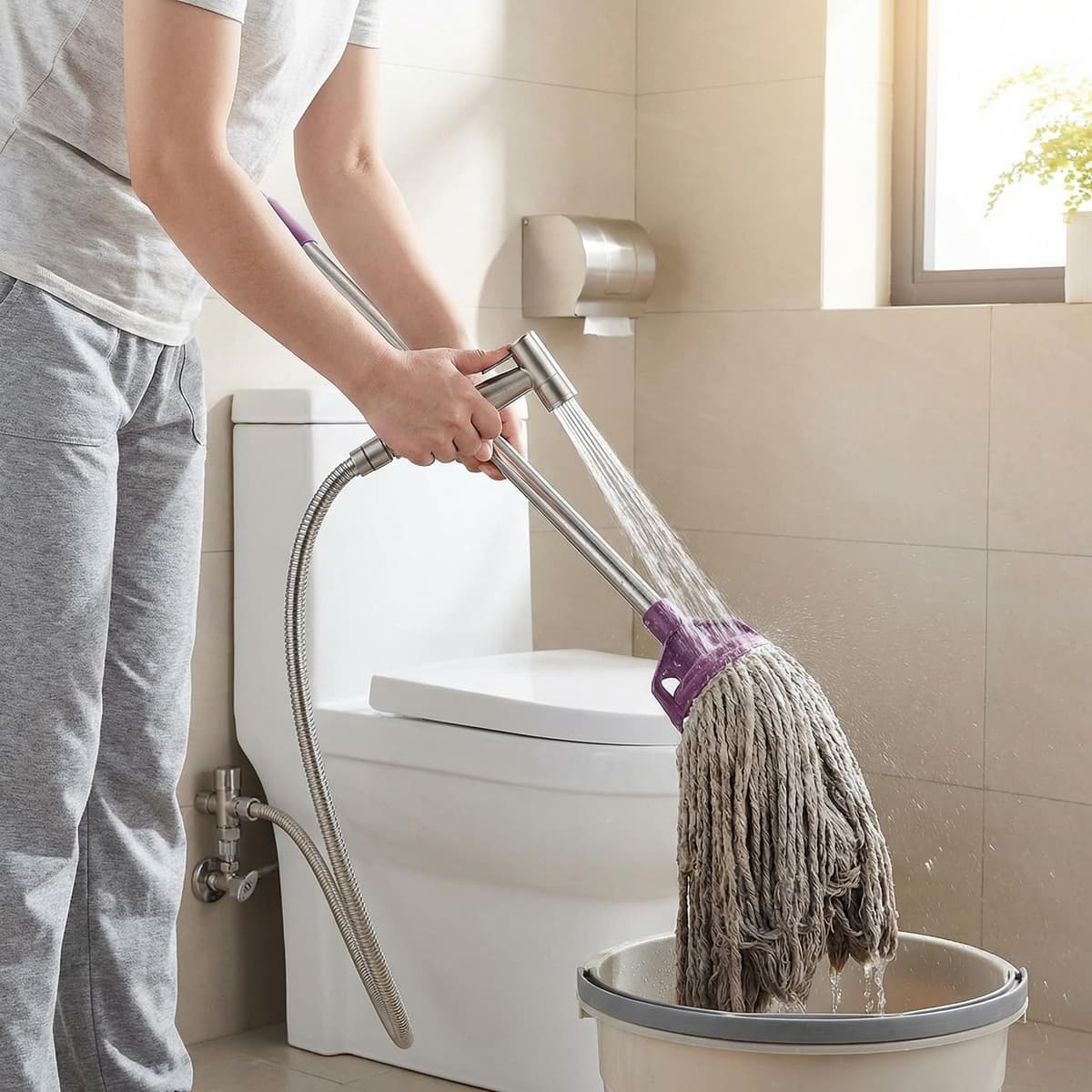 Grifo Bidet para WC Ducha Higiénica de Acero Inoxidable con Manguera 1.5m, para Higiene Personal y Limpieza de Mascotas Incluye Adaptador G1/2 (Acero) — view 2