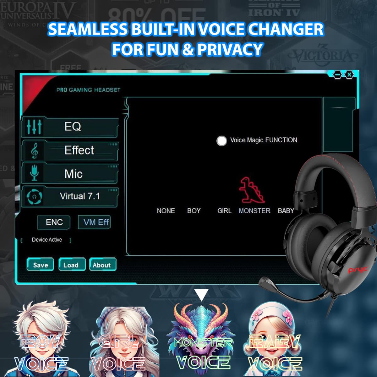 Gaming Headset SUMVISION SERAPH Gaming Headphones Wired 7.1 Surround Sound 3.5mm Aux USB Built in Mic & FREE Soundcard Amplifier PC Mac Laptop Tablet PS4 PS5 Xbox series(FREE UK TECH SUPPORT) — view 7
