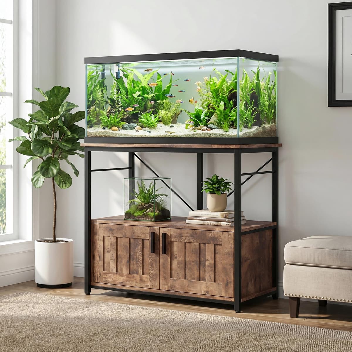 GarveeHome Estante resistente para acuario 40-50 galones con gabinete – Soporta hasta 300 kg – Organizador práctico para peceras, terrarios y accesorios – Ideal hogar y oficina – Marrón — view 5