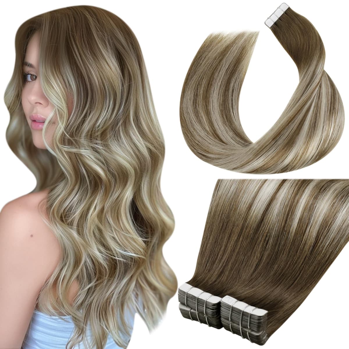 LaaVoo Tape in Hair Extensions Human Hair Blonde Tape Hair Extensions Real Human Hair Invisible Tapes Remy Straight Balayage Brown to Blonde Hair Double Sided Tabs 20pcs 50g 16 Inch #8/18/60 — view 117