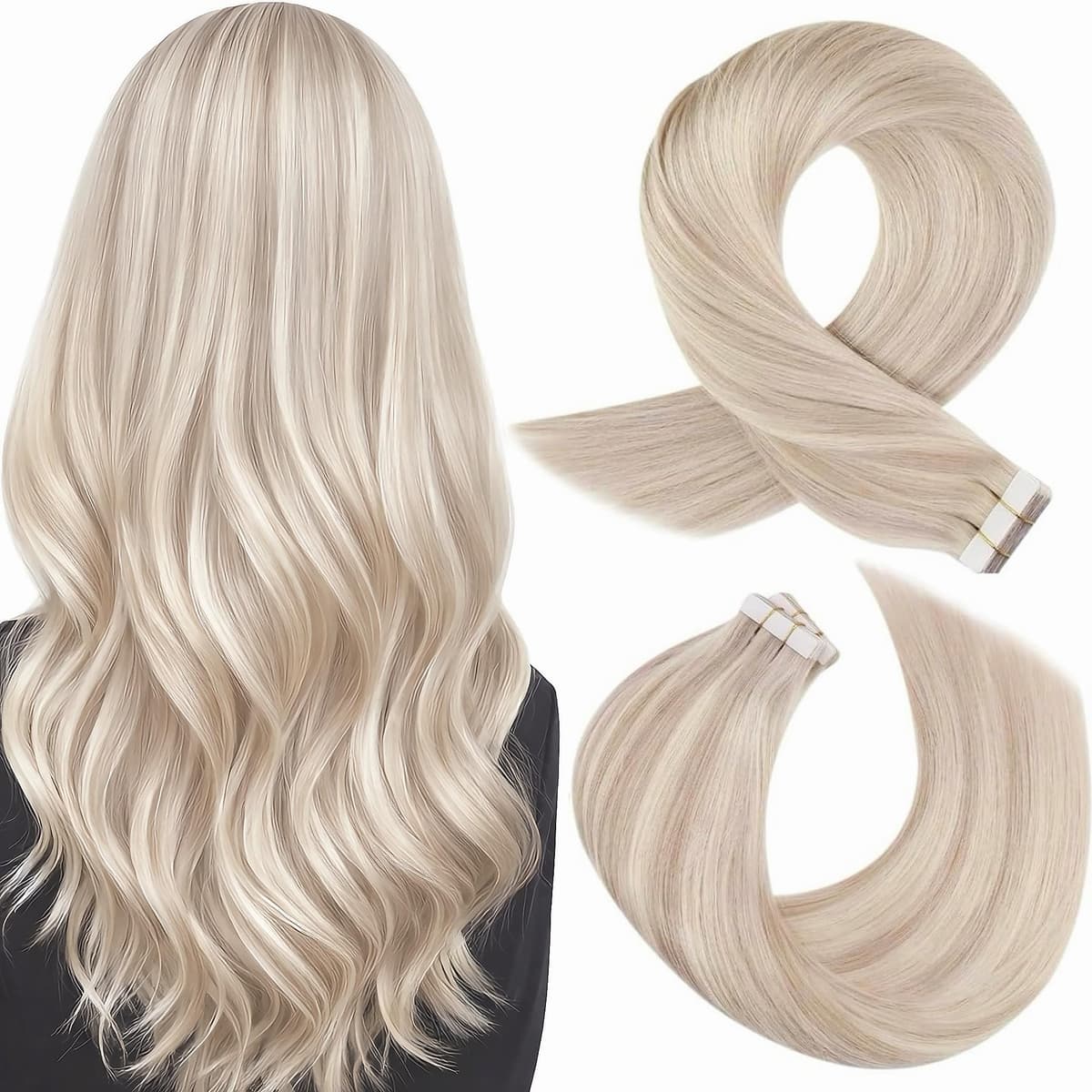 Moresoo Tape in Human Hair Extensions 20 Inch Highlight 50g/20pcs Tape in Hair Extensions Human Hair Ash Blonde with Platinum Blonde #P18/613 — view 91