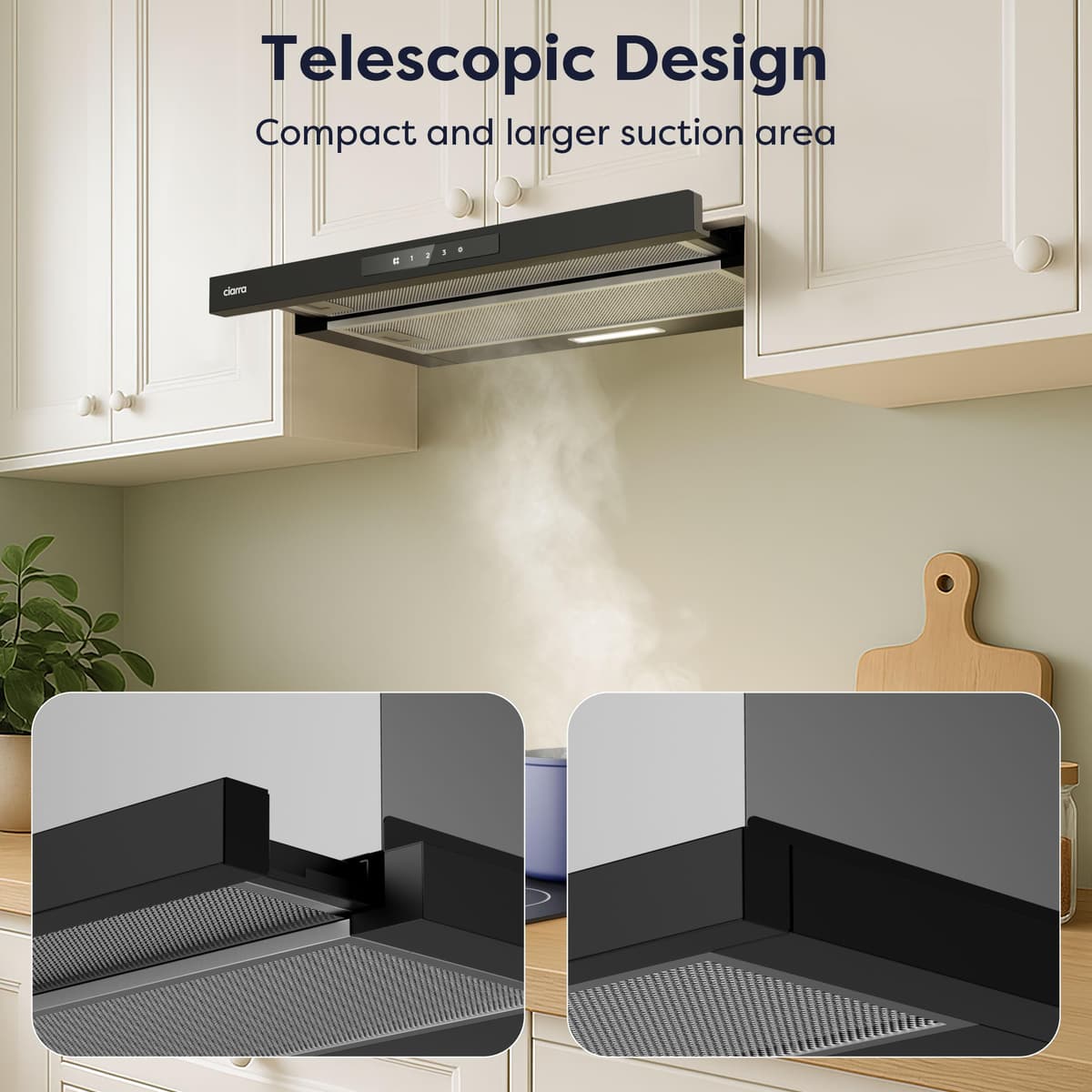 CIARRA CBCB6909A Telescopic Cooker Hood 60cm 600m³/h Ducted&Recirculation Built-in Extractor Hood 600mm with LED Light 3 Speeds Integrated Kitchen Extractor Fan — view 2