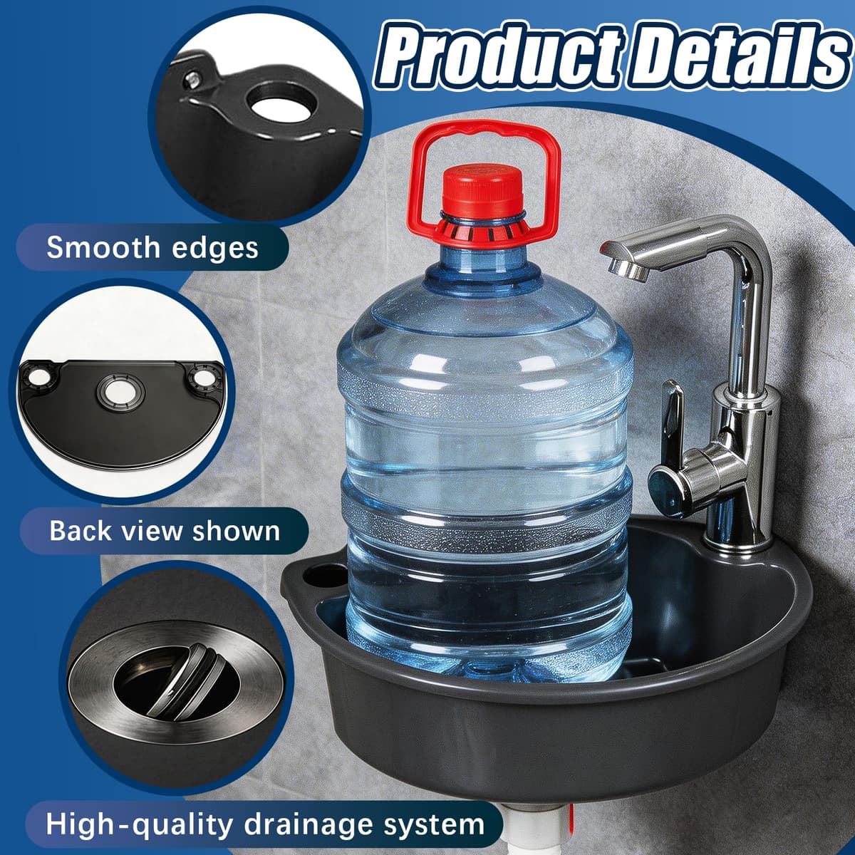 Lavabo de Pared de Plástico con Grifo Mezclador, Kit Completo con Tubo de Desagüe y Mangueras Lavamanos Compacto para Baño Jardín y Camping (Gris) — view 5