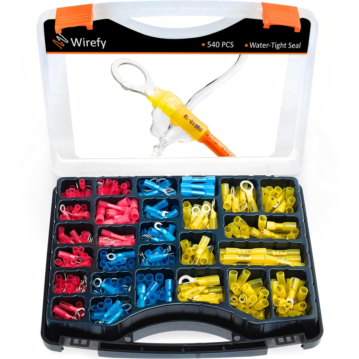 Wirefy Surtido de Conectores Electricos Termorretráctil con 540 Piezas - Kit de Terminales para Automoción - Redondos, Horquilla, Gancho, Planos & a Tope - 0,5-6mm²