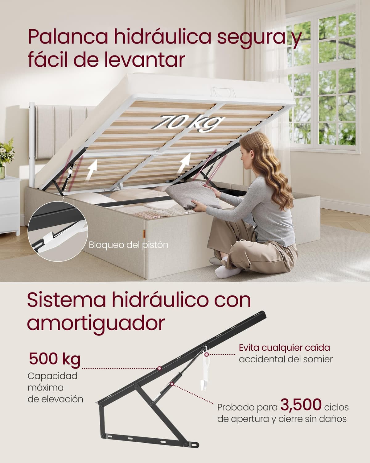 VASAGLE Estructura de Cama, 160 x 200 cm, Cama Elevable, 2 Personas, con Almacenaje, Cabecero, Sistema Hidráulico, Moderno y Minimalista, Fácil Montaje, Beige Capuchino RMB615LH01 — view 4