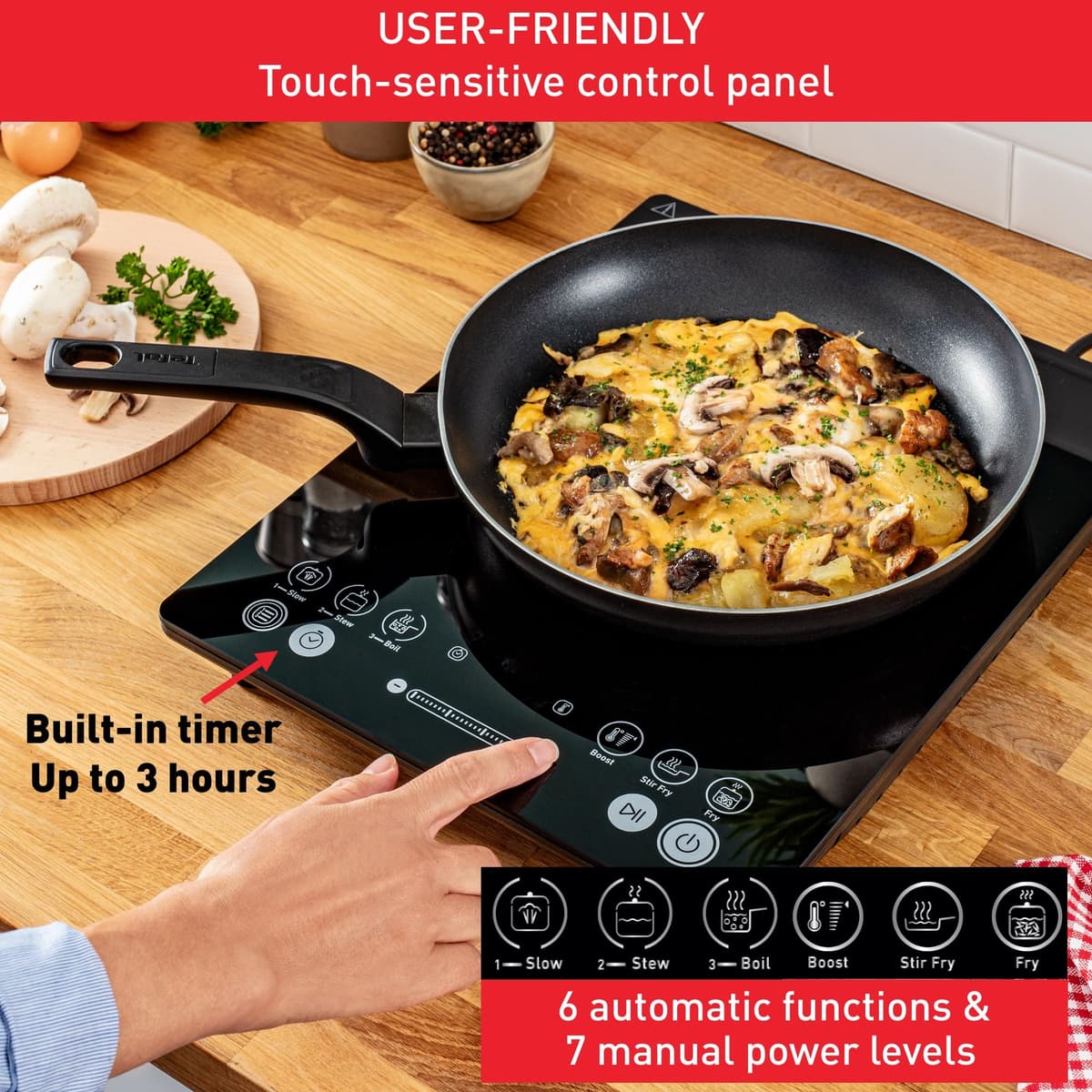 Tefal Slim Portable Induction Hob, Compact, 2100 W Power, 6 functions, Electric, Slim, Black, Easy To Clean, Black Modern Design, Cooker, Kitchen, Party IH210840 — view 3