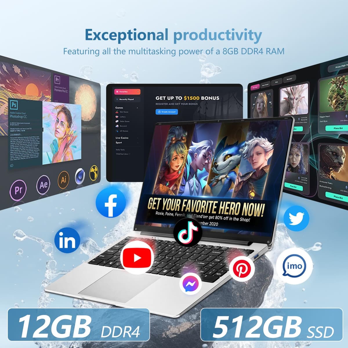 15.6 Pulgadas Ordenador Portatil, Win 11 PC Portátil Celeron N4000 CPU, Portátil con 12GB LPDDR4 512GB SSD, 1920*1080 IPS FHD Pantalla Laptop, TF Card Slot expansión hasta 1 TB, Mini HDMI+BT4.2 — view 3