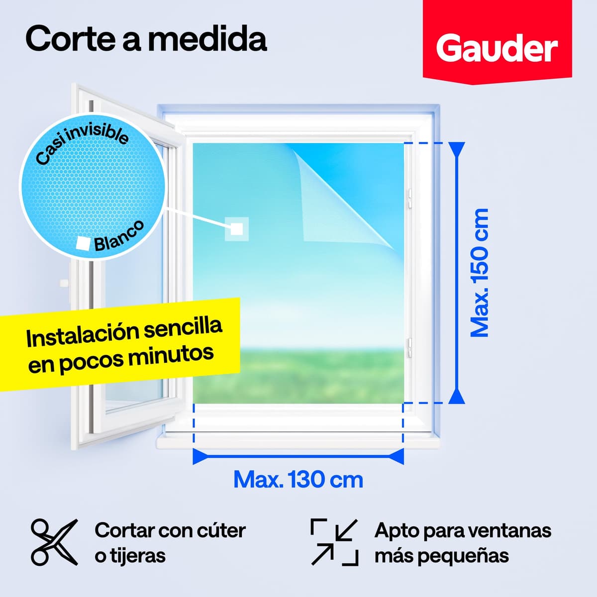 GAUDER Mosquitera para Ventana - Red Anti-Insectos con Cierre de Gancho y Bucle - Protección Adhesiva contra Mosquitos - Malla Autoadhesiva (130 x 150 cm - Bianca) — view 2