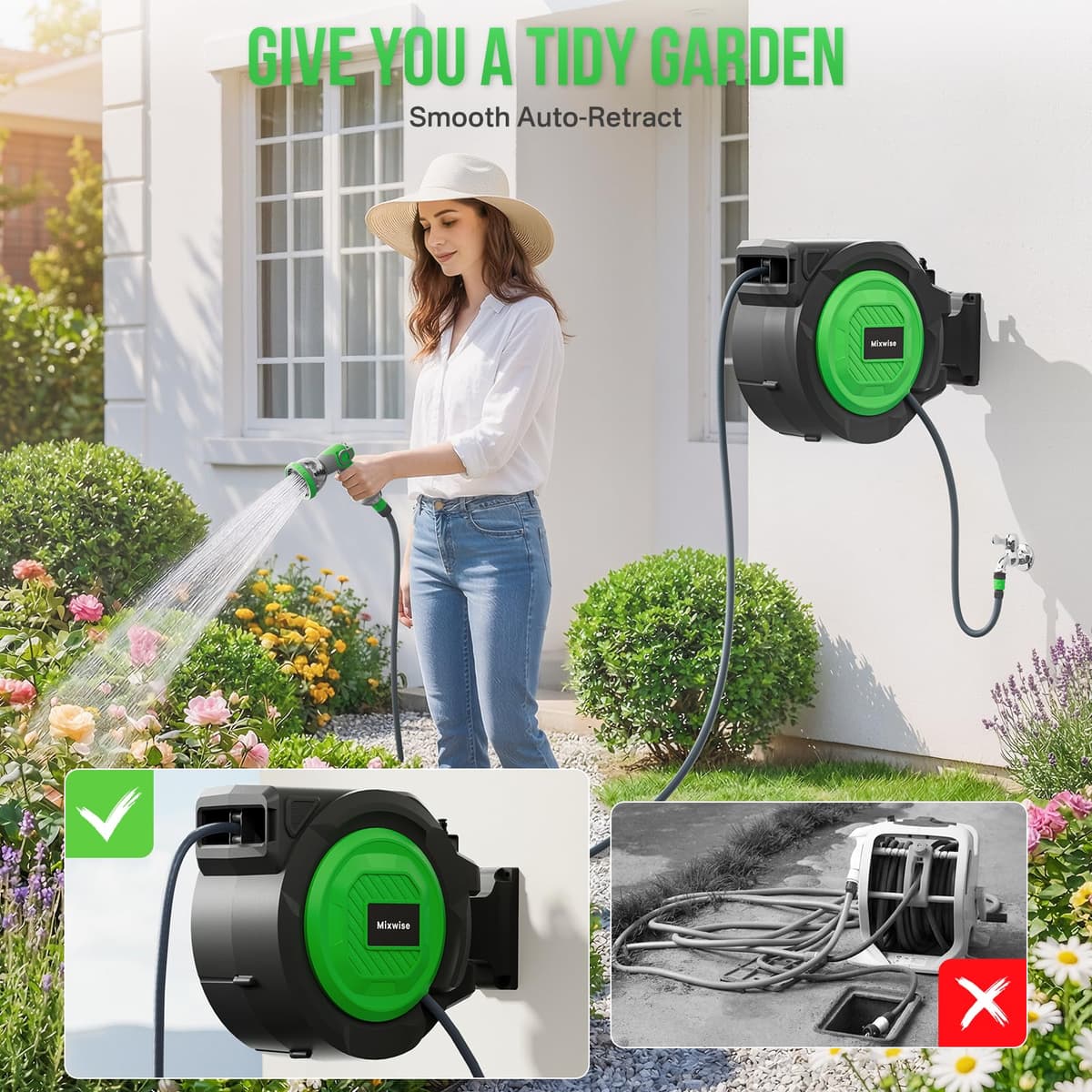 Retractable Garden Hose Reel, 1/2'' x 30m+2m Wall Mounted Hose Reel with 180° Swivel Bracket,10-Pattern Nozzle, Automatic Slow Return System, Any Length Lock, Hosepipes for Garden, Cleaning — view 2