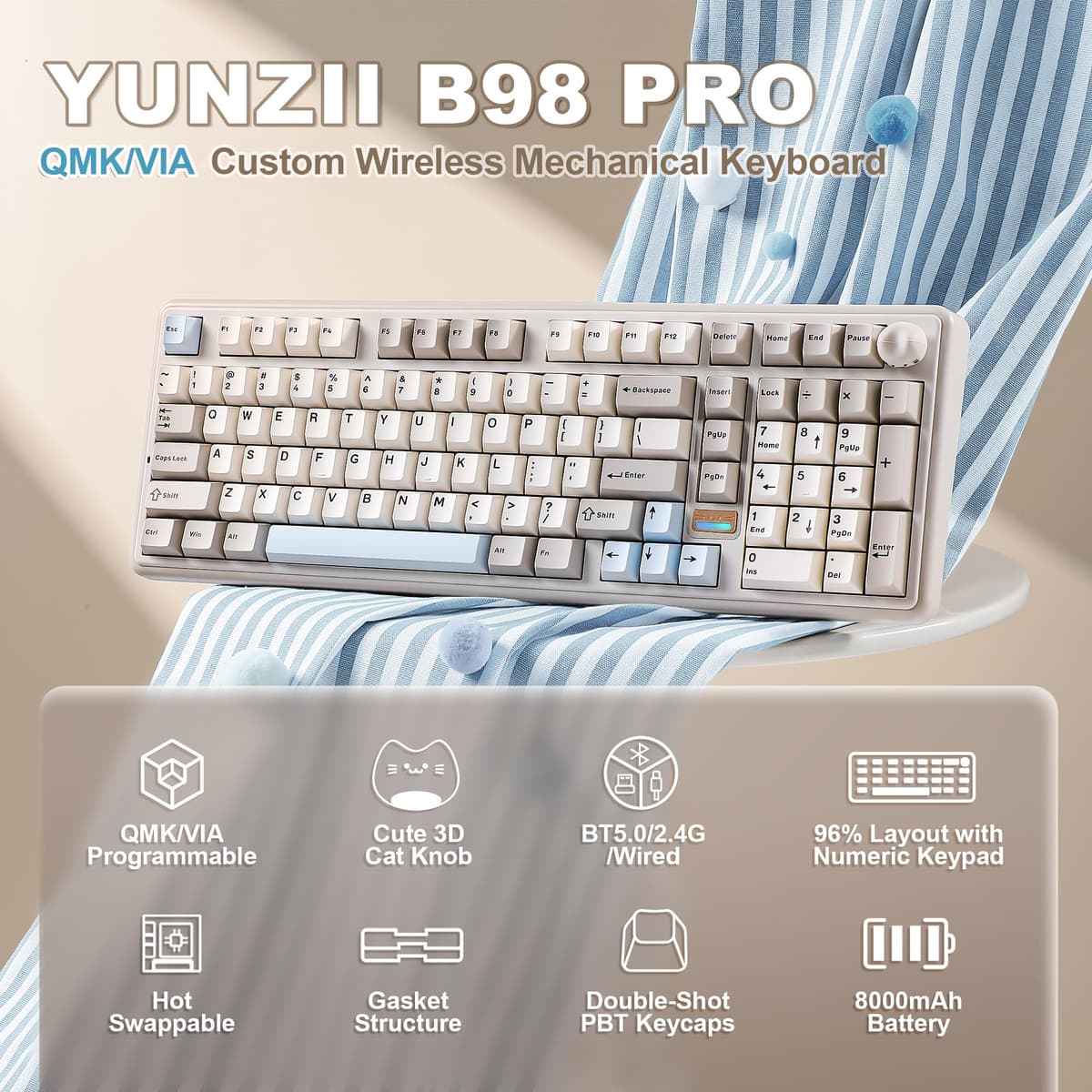 YUNZII B98 PRO QMK/VIA Wireless Mechanical Gaming Keyboard, 96% Layout with Numpad and Cute Cat Knob, BT/2.4G/USB-C, Pre-Lubed Switch Hot Swap Gasket, RGB for Win/Mac (Beige, Milk V2 Linear Switch) — view 2