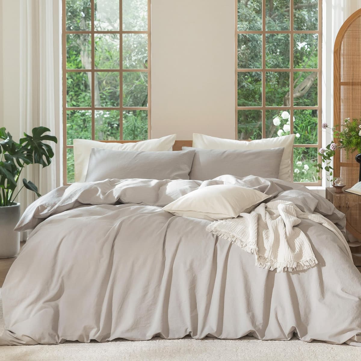 MooMee Bedding Duvet Cover Set 100% Washed Cotton Linen Like Textured Breathable Durable Soft Comfy (Tannish Linen Grey, King) — view 9