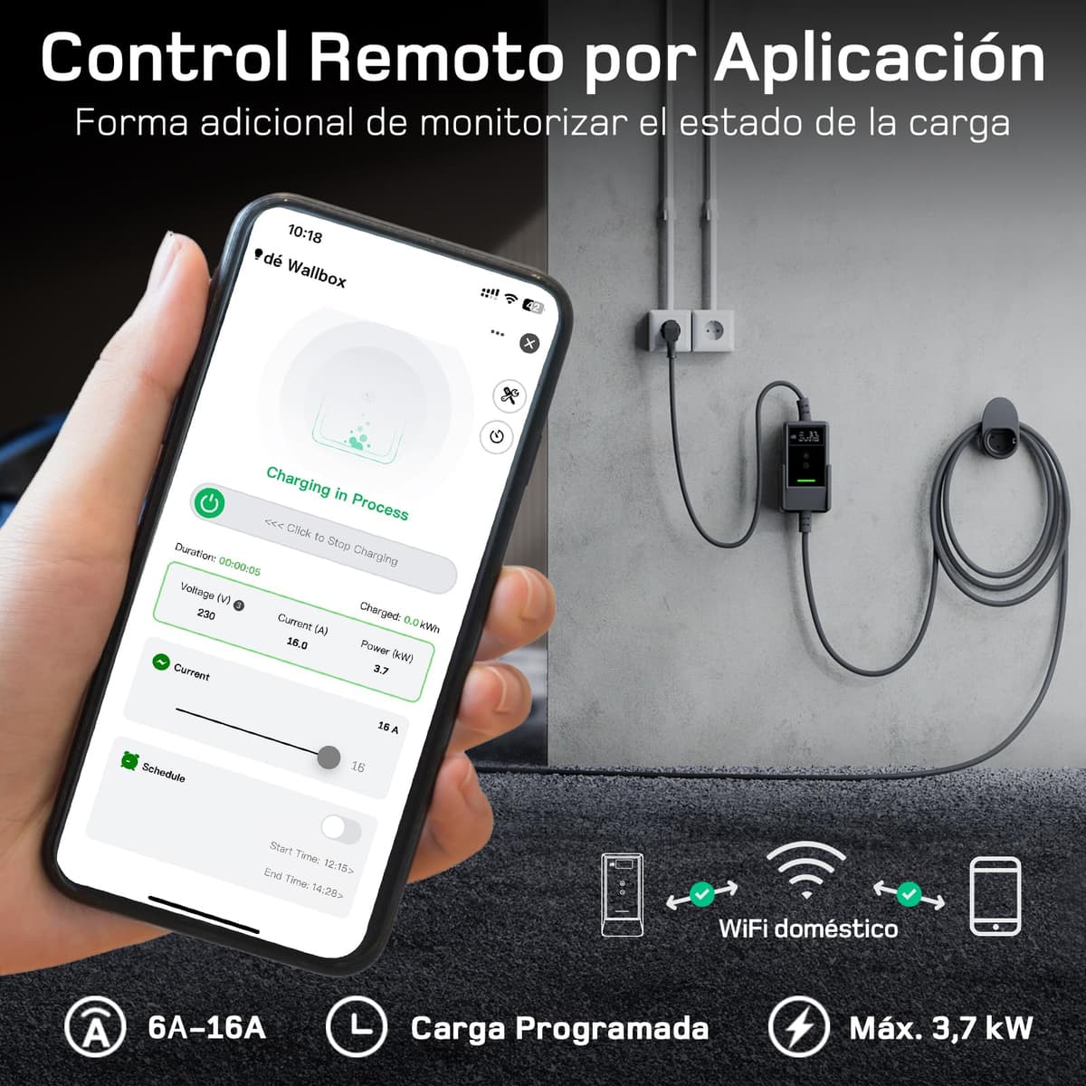 dé Cargador Coche Electrico 3,7kW App [7m, Monofásico, 6-16A] EV Charger con Potencia de Carga Ajustable, Cargador Carro Electrico para Model Y/3, e-Tron y vehículos BEV/PHEV — view 2