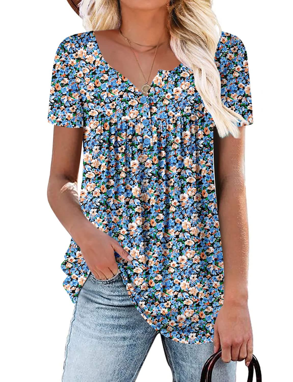 KISSMODA Ladies Pleated Tunic Tops for Women Buttons up Long Sleeve Shirts Floral Print — view 26