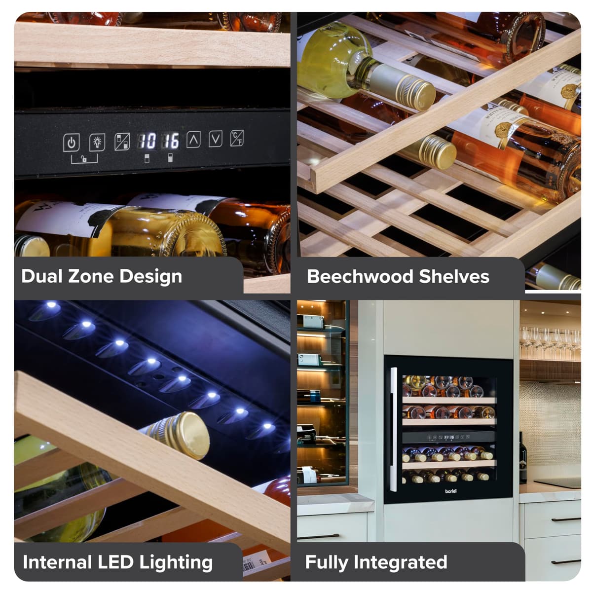 Dellonda Baridi 60cm Built-In 36 Bottle Wine Cooler with Beech Wood Shelves and Internal LED Light, Black - DH117 — view 5