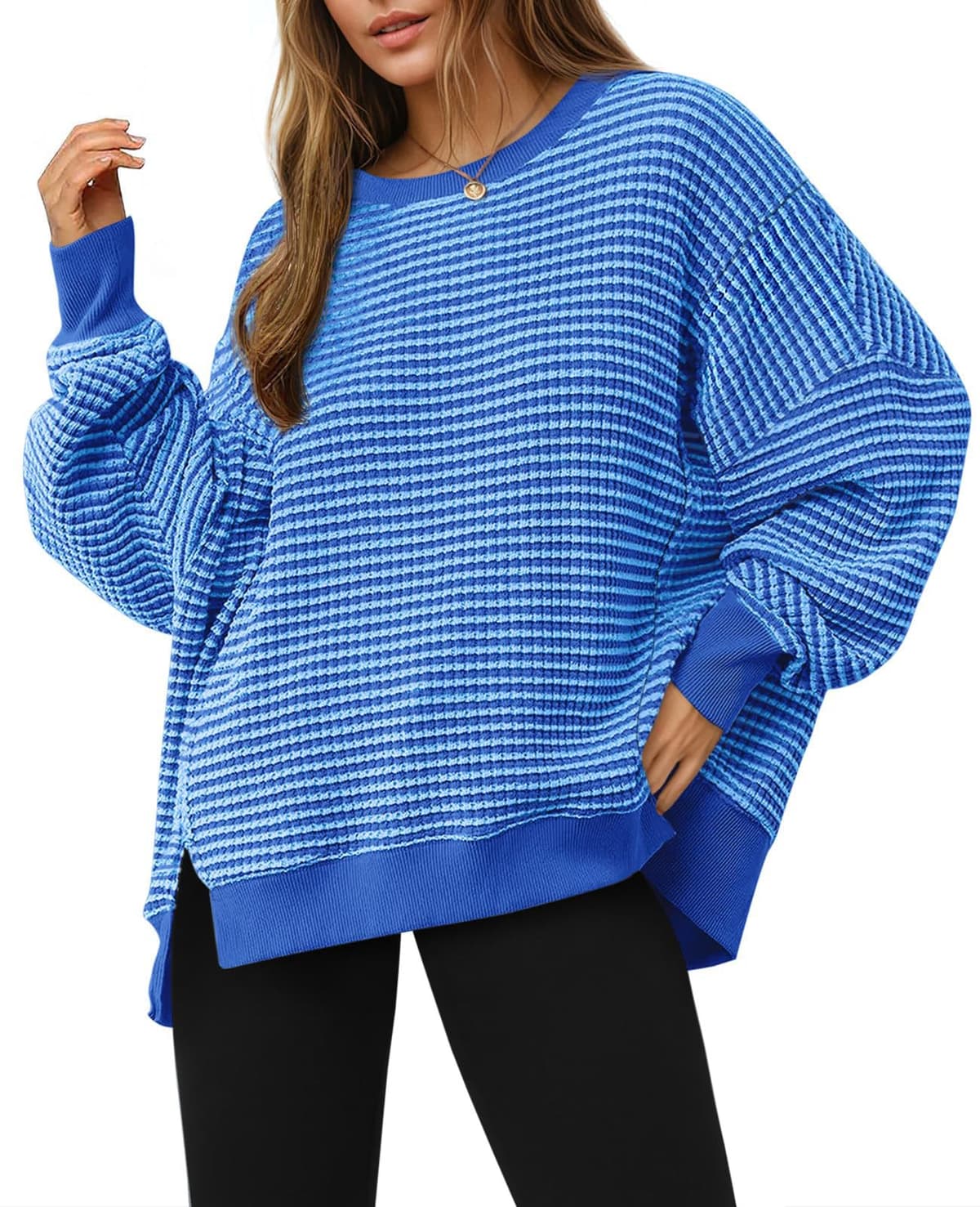 Sudadera de otoño de gran tamaño para mujer, informal, de punto gofre, manga larga, cuello redondo, dividida, túnica — view 9