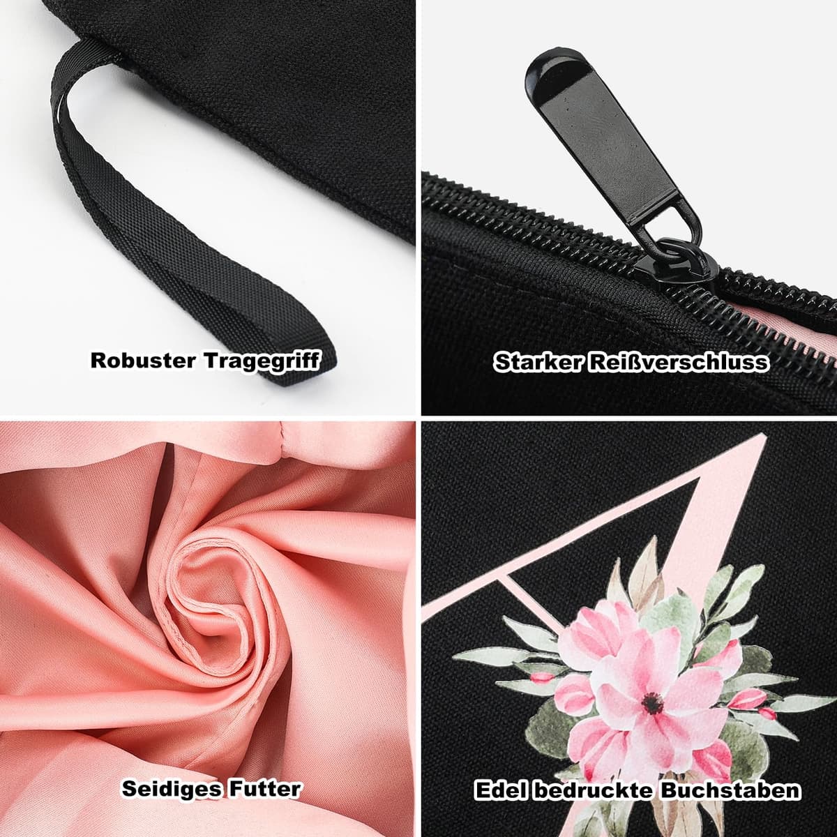 Vavabox 2 Pcs Initial Toiletry Bags Set,Birthday Gifts for Women,Travel Portable Toiletry Bag with Handle (A, Black) — view 3