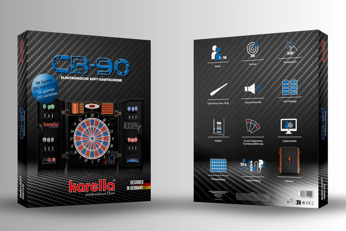 Karella CB-90 - Diana electrónica con 38 Juegos y 211 Variantes, Dimensiones exactas de Torneo en versión de 2 Agujeros, Incluye 12 Dardos Blandos — view 3