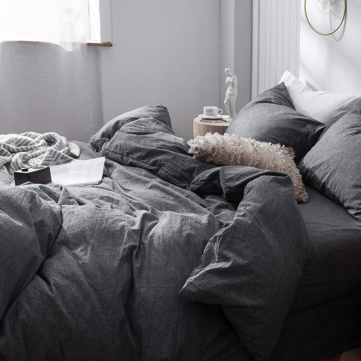 MooMee Bedding Duvet Cover Set 100% Washed Cotton Linen Like Textured Breathable Durable Soft Comfy (Tannish Linen Grey, King) — view 264