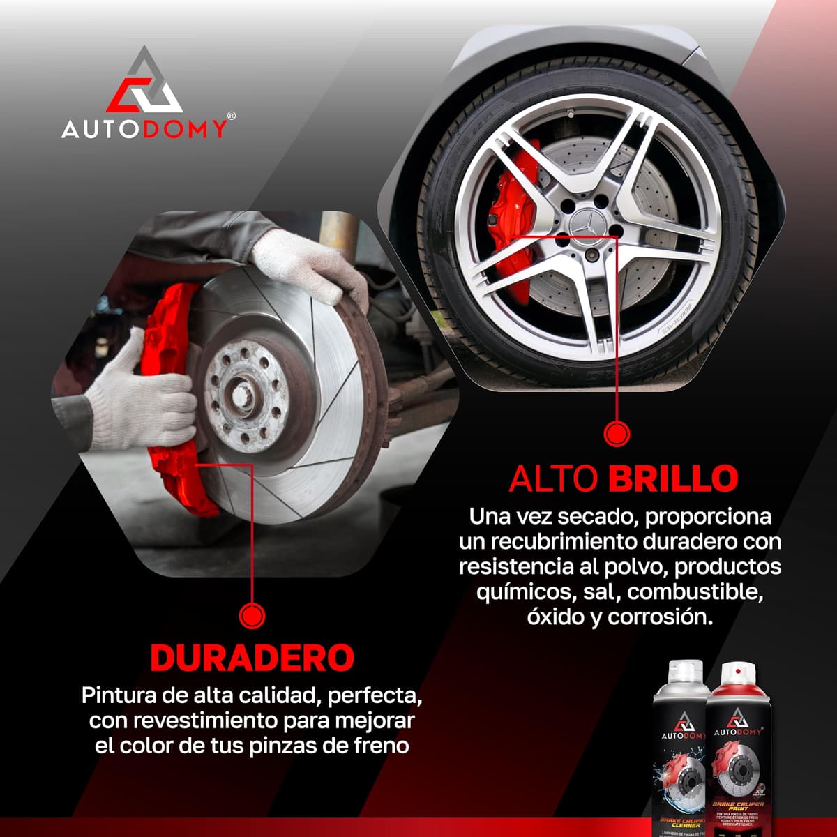 Autodomy Pintura para Pinzas de Freno Anticalorica 400ml Resistente a Altas Temperaturas | Pintura Pinzas de Freno Coche y Moto + Limpia Frenos Spray + Cepillo de Acero con Cerdas — view 3