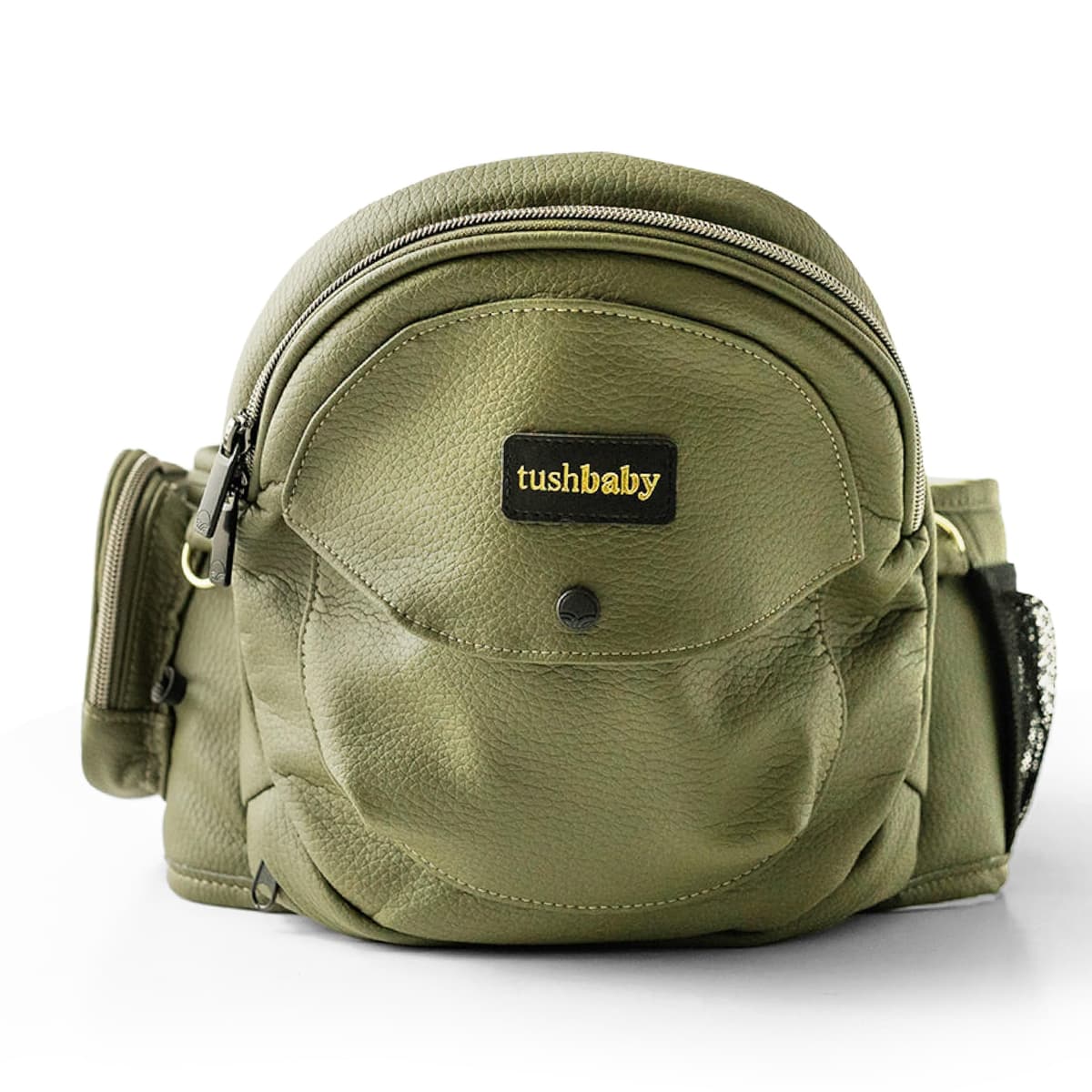 Tushbaby Hip Carrier for Babies & Toddlers (Olive) - Safety-Certified, Machine Washable Child Waist Seat for One Hand Support with Multi-Pocket Storage, 23”- 44” Waist, Holds Kids 0-3 yrs up to 45lbs