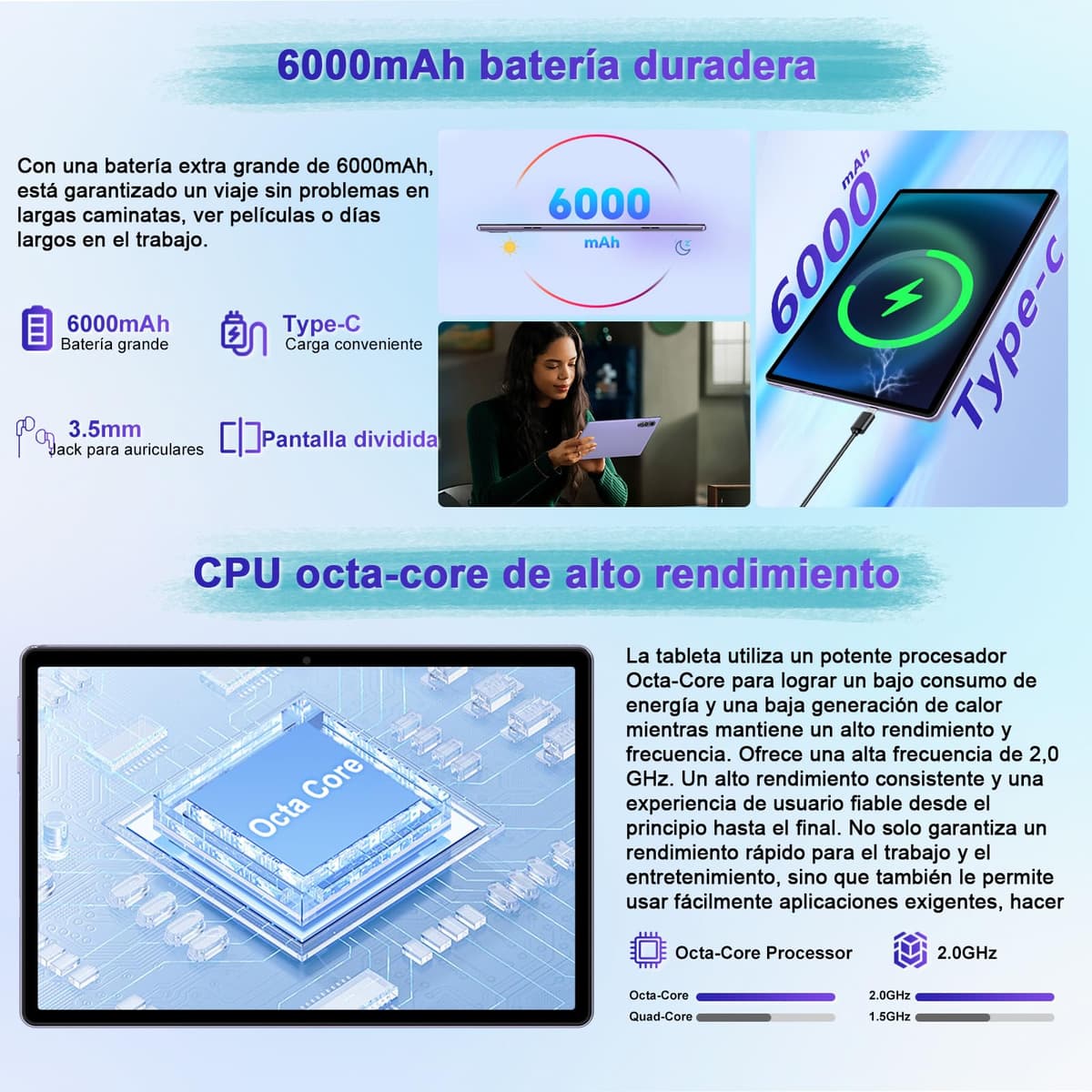 fezawio Android 15 Tablet 10 Pulgadas Gemini AI, Tablet PC Octa-Core, 30 GB RAM + 64 GB ROM (1TB TF), 3.5mm Audio/GMS/WiFi 6 & BT 5.0 / 6000mAh / GPS/Widevine L1, Tableta con Teclado-Morado — view 7