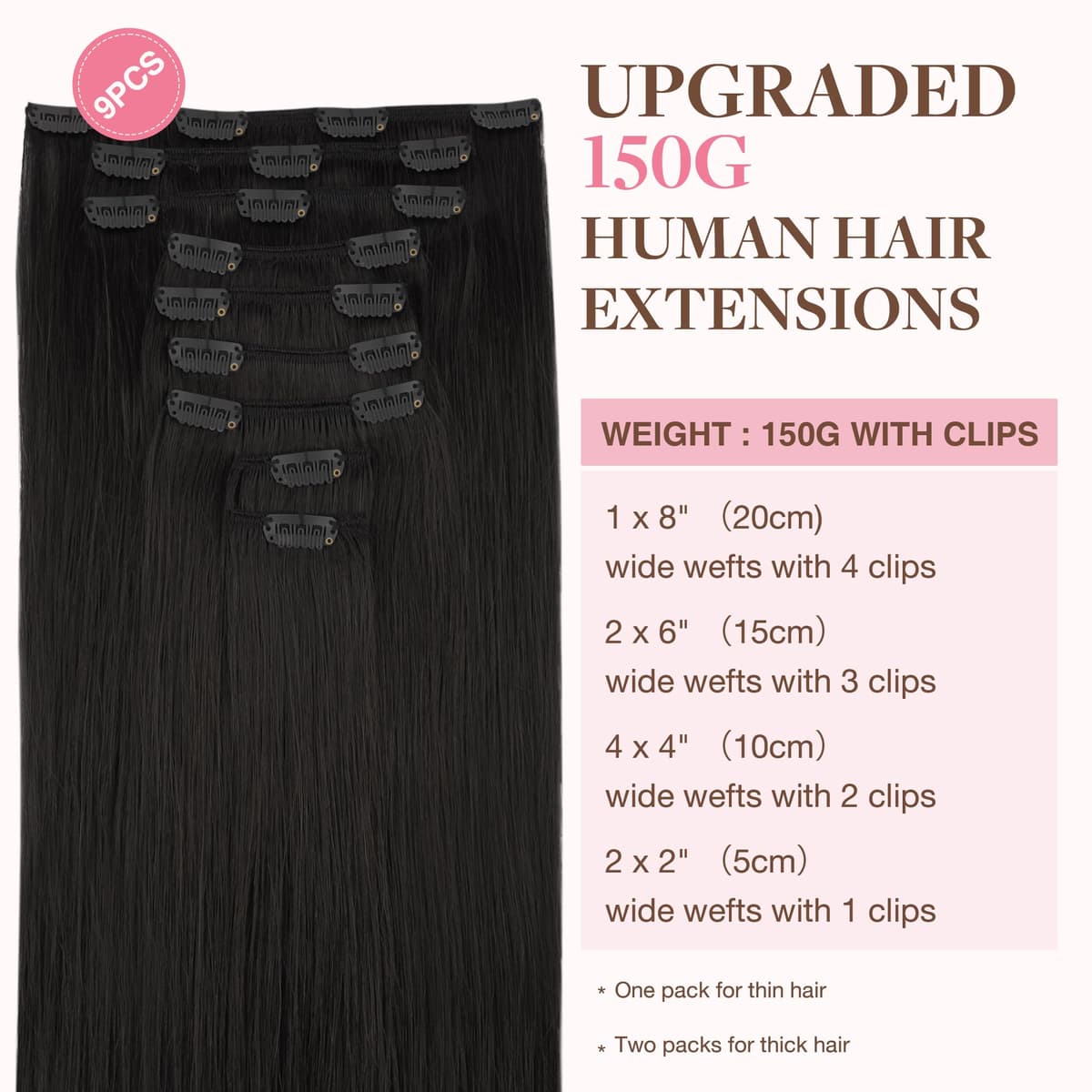 GOO GOO Clip in Hair Extensions Human Hair, 18inch 150g 9Pcs, #2 Dark Brown, Hair extensions for women, Human Hair Extensions Clip in — view 318