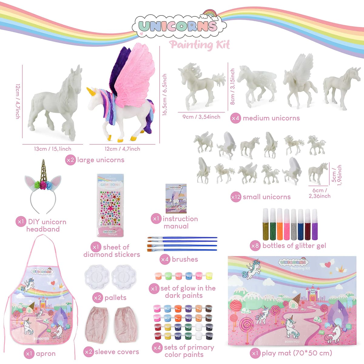 BONNYCO Unicornios para Niñas Figuras para Pintar Kit con 18 Unicornios. Set Manualidades Niñas, Juguetes con Brillo en la Oscuridad 3 4 5 6 7 8 9 10 Años. Regalos Niños en Cumpleaños y Navidad — view 2