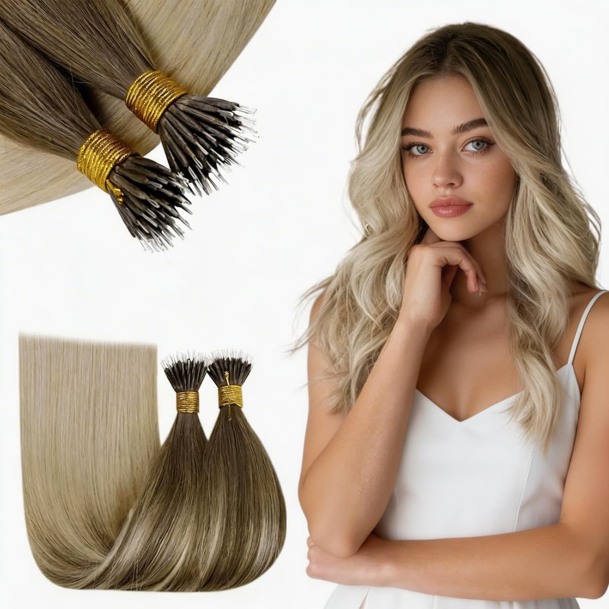 RUNATURE 18 Inch Nano Beads Hair Extensions Real Human Hair Ice Blonde Nano Hair Extensions Real Human Hair White Blonde Invisible Nano Rings Straight Remy Hair 50g 50s #800 — view 21