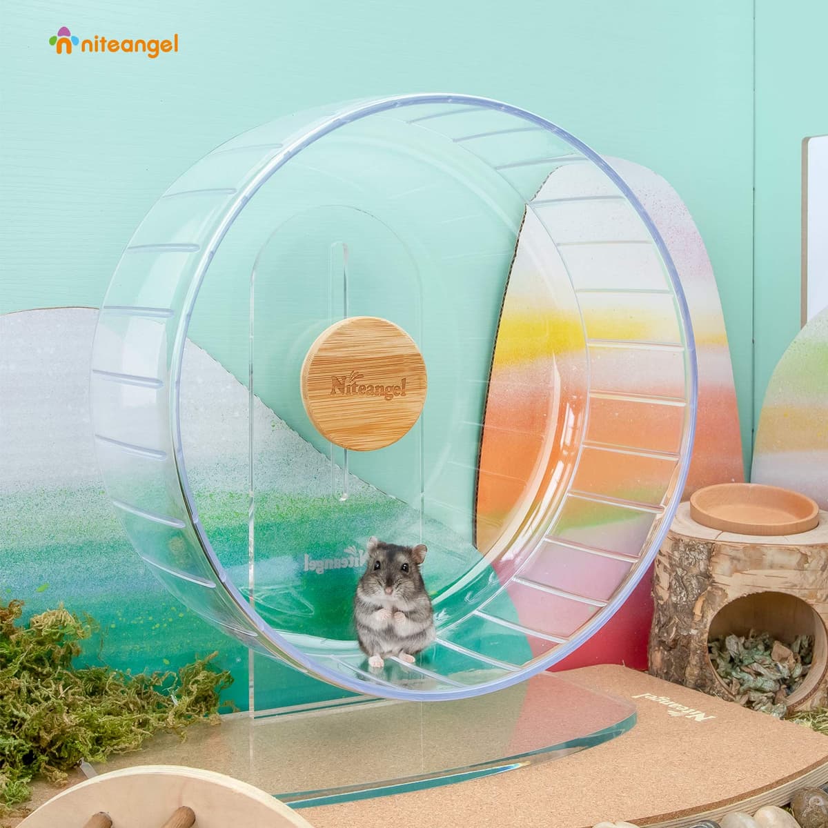 Niteangel Super Silent Hamster Exercise Wheels - Quiet Spinner Hamster Running Wheels with Adjustable Stand for Hedgehog Gerbils Mice Or Other Small Animals (Large, Transparent) — view 4