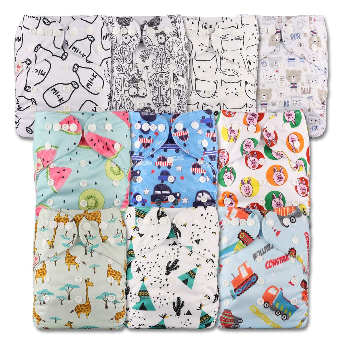 Littles and Bloomz, Reusable Pocket Cloth Nappy, Fastener: Popper, Set of 10, Patterns 1010, Without Insert