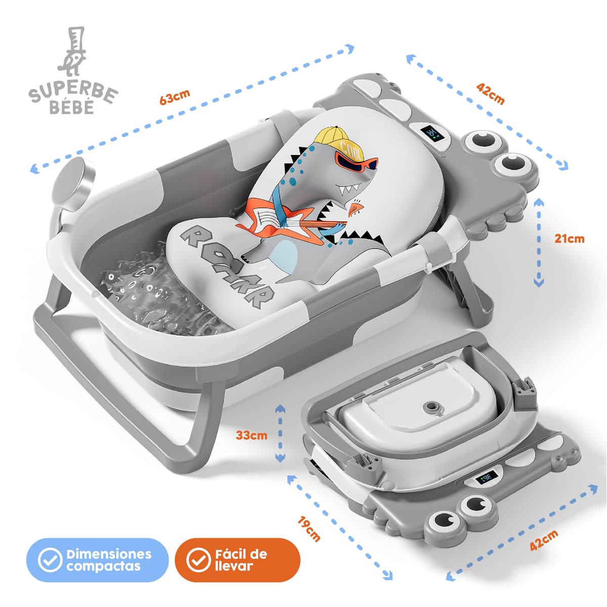 Bañera Plegable Bebé Con Cojín De Baño Antideslizante - Bañera Bebe Plegable Con Termómetro - Asiento bañera Bebe - Desde El Nacimiento Hasta Los 3 Años - Regalos De Nacimiento (GRIS, DINO) — view 5