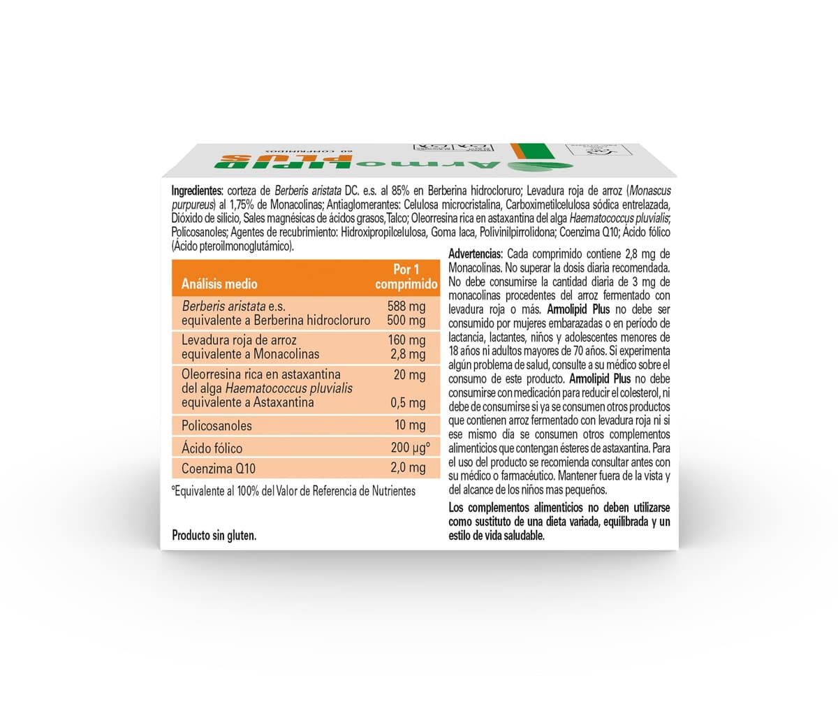 ArmoLIPID PLUS - Complemento Alimenticio Para el Control del Colesterol y de los Triglicéridos, Con Levadura Roja de Arroz, Berberina, Coenzima Q10, Astaxantina y Ácido Fólico, 60 Comprimidos — view 2