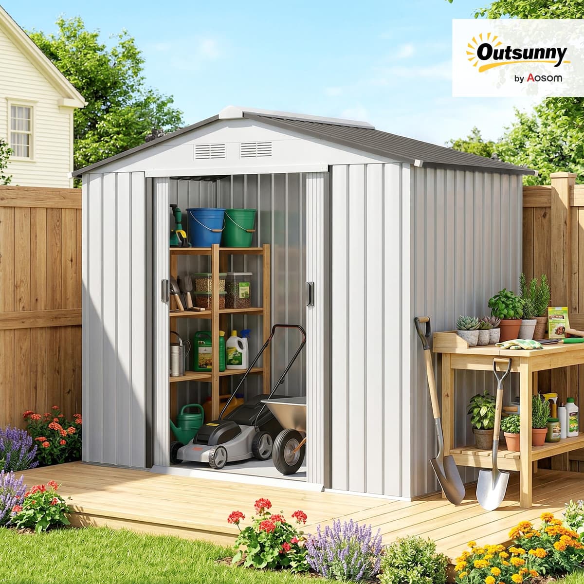 Outsunny Caseta de Jardín Exterior, 2,5 m² 213x130x185 cm, Cobertizo de Jardín Exterior Metálico con 2 Puertas Correderas, Base Refuerzo (Suelo NO Incluido) y 4 Ventanas, Blanco — view 2